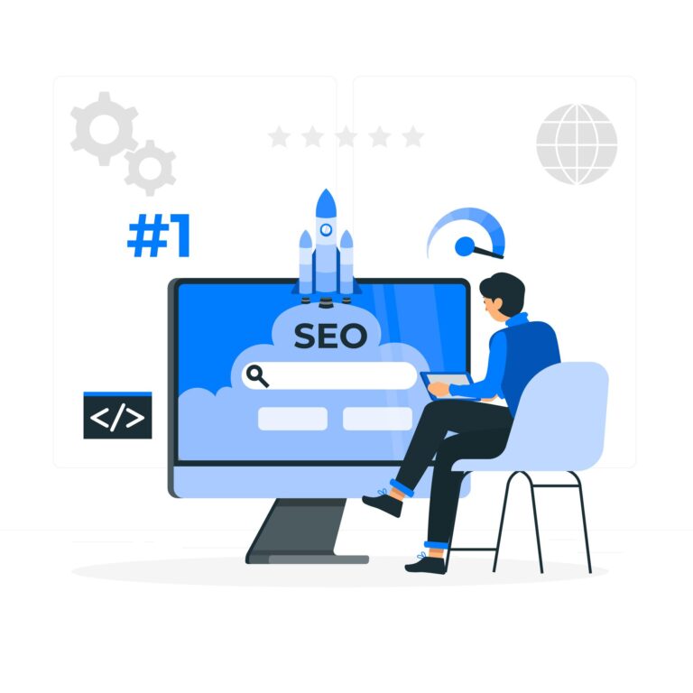 graphic of men sitting on chair and working on search engine optimization